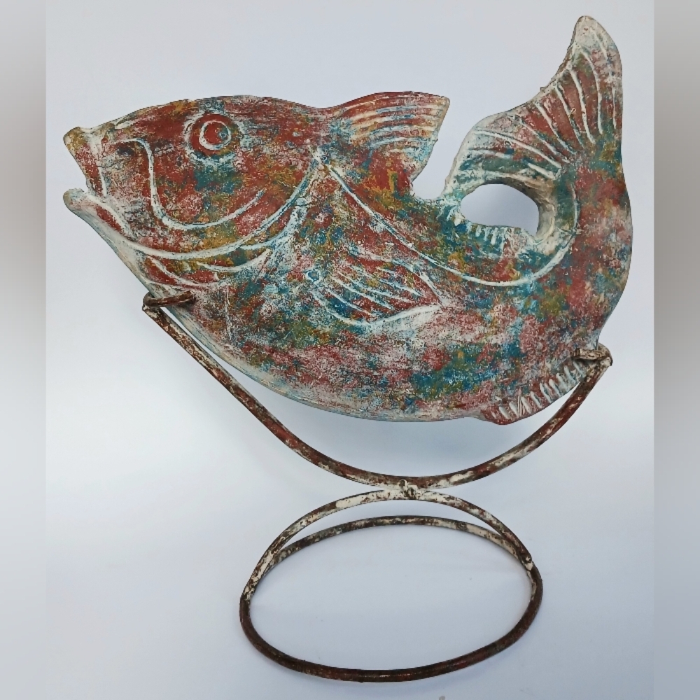 Large Ceramic Tropical Salmon Grouper Fish Mid Century Modern 12" x 12" On Stand